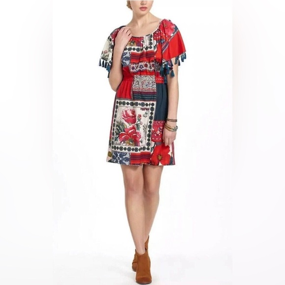 ANTHROPOLOGIE VANESSA VIRGINIA Persian Red Rose Patchwork Tassel Dress Size XS - Picture 1 of 16